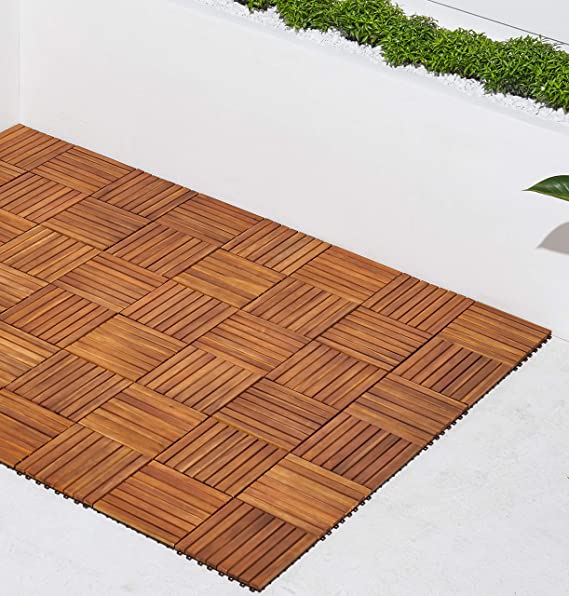 VIFAH V355 8-Slat Acacia Hardwood Interlocking Deck Tile, Teak Finish, Pack of 10 Tiles