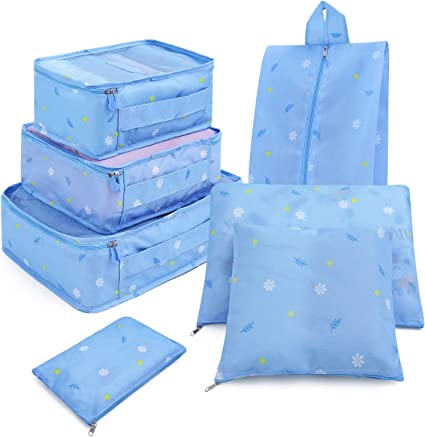 7Pcs Travel Bags Clothes Packing Cube Luggage Organizer with Shoes Bag (Blue flowers)