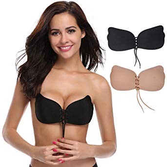 Sticky Bra Invisible Adhesive Bra 2 Pack Drawstring Silicone Bras Reusable Push Up Invisible Women Bra