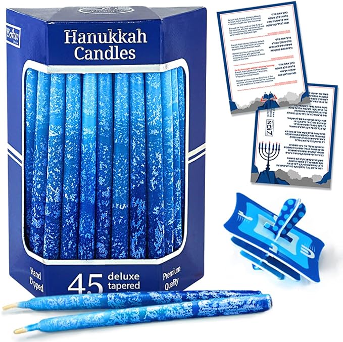 Premium Dripless Hanukkah Candles Multi Blues Frosted Thin Tapered Chanukah Candle Set of 45 Enough for Eight Nights of Hanukah Includes a DIY Dreidel, Prayer Card with Chanukah Song - Aviv Judaica