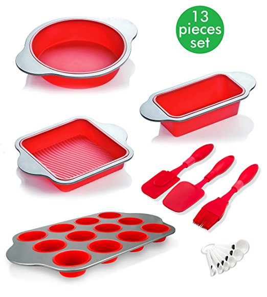 Silicone Baking Pans and Utensils (Set of 13) by Boxiki Kitchen | Silicone Cake Pan, Brownie Pan, Loaf Pan, Muffin Pan, 2 Spatulas, Brush and 6 Measuring Spoons