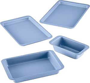 Farberware Easy Solutions Nonstick Baking Set, Includes Cookie Pans, Loaf Pan, and Cake Pan with Portion Marks, 4 Piece, Non Stick Bakeware Set - Blue