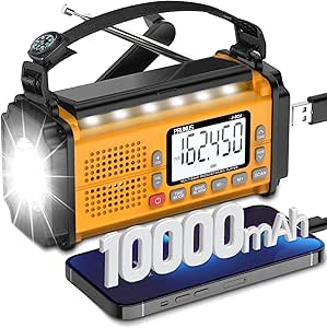 PRUNUS 924 10000mAh/37000mWh Hand Crank Radio, AAA Batteries Powered Emergency Radio Solar, NOAA Weather Radio AM/FM/SW, USB Charging, Torch& Reading Light, SOS Alarm, Power Bank, Compass for Camping