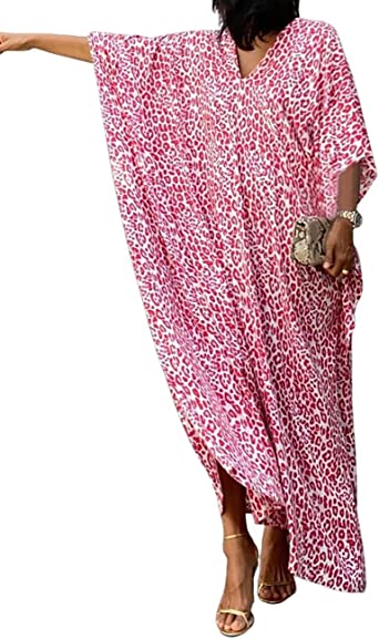 Bsubseach Plus Size Caftans for Women Turkish Kaftan Dresses Leopard Print Beach Cover Up