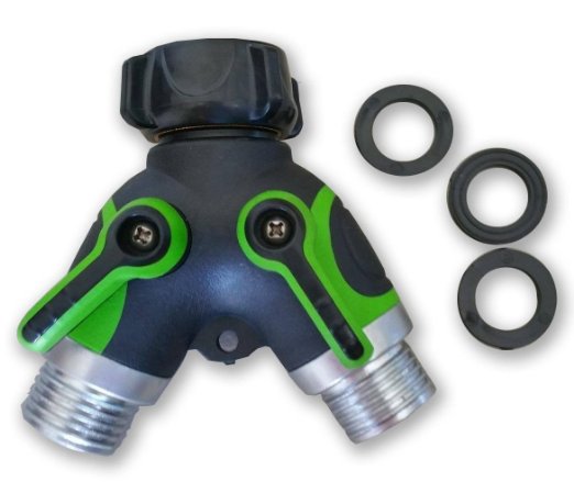 Garden Hose Y Connector by Gardeniar - Green Two Way Hose Connector with Long Easy to Use Levers and 3 Extra Washers