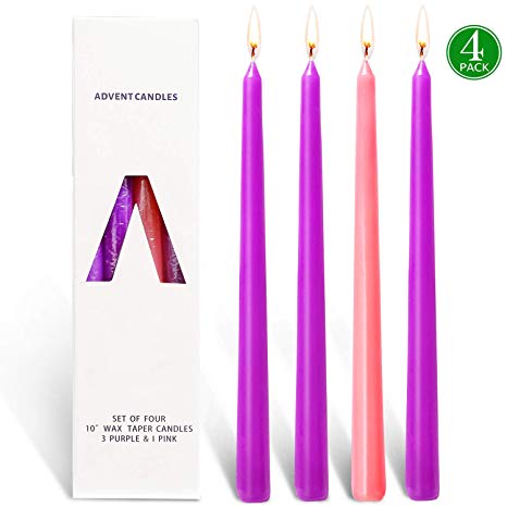 YIIA 3 Purple and 1 Pink Advent Taper 10 Inch Candles Set of 4 in Giftbox