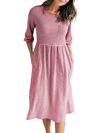 MEROKEETY Women's 3/4 Balloon Sleeve Striped High Waist T Shirt Midi Dress with Pockets