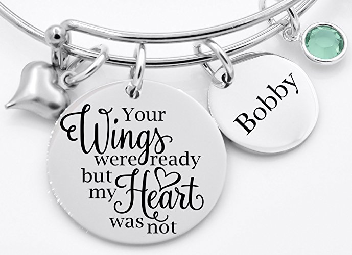 Memorial jewelry, your wings were ready but my heart was not, bangle bracelet, stainless steel bangle, loss of loved one, sympathy gift, mom, dad, name, adjustable bangle bracelet.
