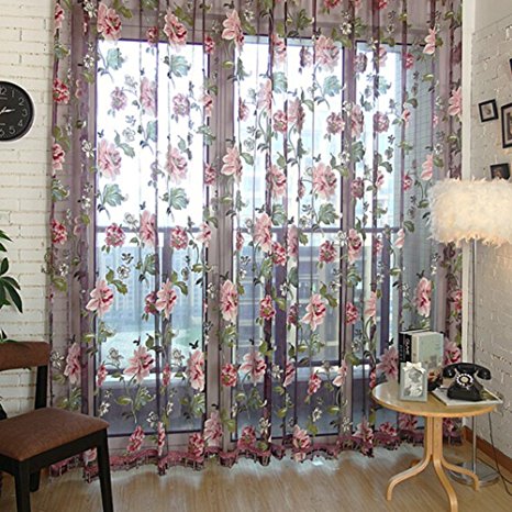 Edal Durable Floral Tulle Voile Voile Curtain Sheer Panel Drape Window Scarfs Wine Red Flower with Purple Background and Beads
