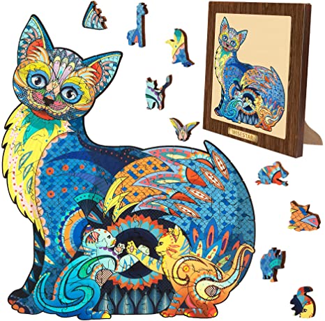 WISESTAR Wooden Puzzles for Adults Unique Wooden Animals Shaped Puzzles Wooden Cat Jigsaw Puzzles with Puzzle Frame Storage Box - Best Gift for Adults Kids
