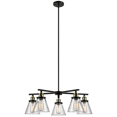 Globe Electric Shae 5-Light Vintage Edison Chandelier, Oil Rubbed Bronze Finish, Antique Brass Decorative Sockets, Clear Glass Shades, 65617