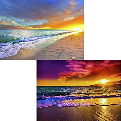 OUTLEE 2Pack DIY 5D Diamond Painting Kit for Adults, Diamond Painting by Number Kits Full Drill Crystal Rhinestone Embroidery Cross Stitch Home Wall Décor Art Craft, Sunset Wave Beach 15.7 x 11.8 inch