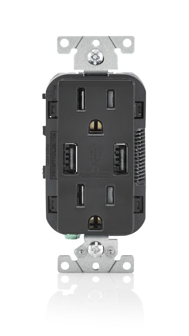 Leviton T5632-E 15-Amp USB Charger/Tamper Resistant Duplex Receptacle, Black