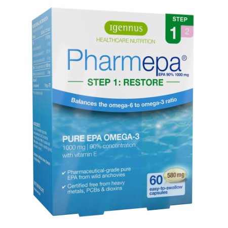 Igennus Pharmepa RESTORE - 1000 mg EPA Omega-3 Pure Fish Oil 90 Concentration High Potency and Maximum Absorption for Heart Health Mood and Brain Support - 60 Capsules
