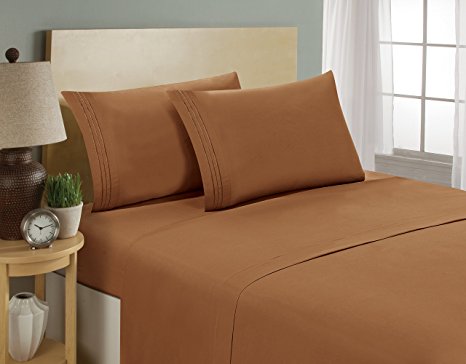1800 Series Egyptian Collection 3 Line Microfiber 4 Piece Bed Sheet Set (Cal King, Light Brown)