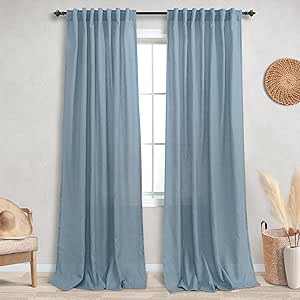 KOUFALL Stone Blue Back Tab Rod Pocket Linen Sheer Curtains for Living Room 52x90 Inches Long