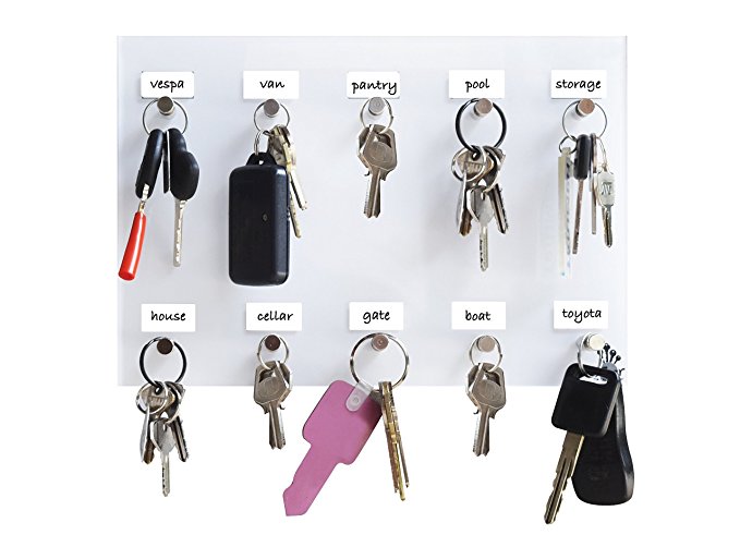 iZer Key Rack for Wall with Labels, Permanent Marker & Mount Tape. Holds 10 Keys with Stainless Steel Hooks. Acrylic Key Holder & Organizer