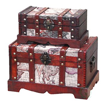 Vintiquewise(TM) Old World Map Wooden Trunk/Box, Set of 2