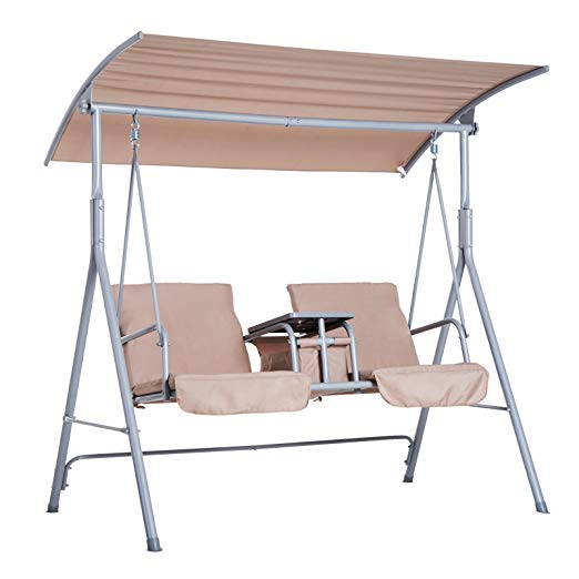 Outsunny 2 Person Covered Patio Swing with Pivot Table & Storage Console - Beige