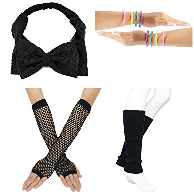 80s Fancy Outfit Costume Accessories Set,Leg Warmers,Fishnet Gloves,Earrings, Headband, Bracelet and Beads