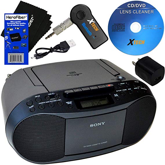 Sony CD Player Portable Boombox with AM/FM Radio & Cassette Tape Player   Wireless Bluetooth Receiver with Charger   Xtexh CD Maintenance Kit & HeroFiber Ultra Gentle Cleaning Cloth
