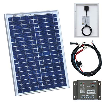 20W 12V Photonic Universe solar panel kit with 5A charge controller and battery cables for a camper, caravan, boat or any other 12V system (20 watt)