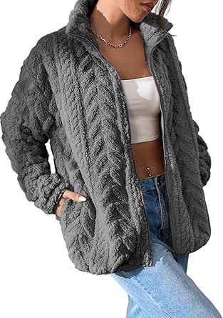 Dokotoo Winter Fleece Jacket for Women Oversized Zipper Up 2024 Stand Collar with Pockets Baggy Coats