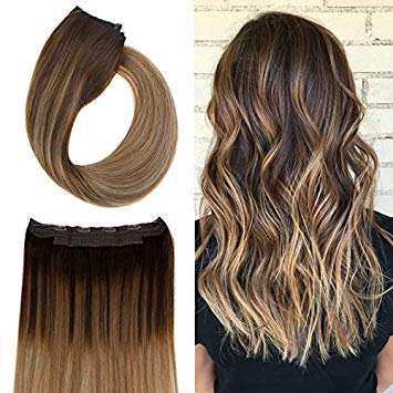 Youngsee 12inch Flip on Invisible Wire Hair Extensions Remy Human Hair Balayage Dark Brown Fading to Golden Brown with Blonde Hidden Wire Hair Extensions Human Hair 80g