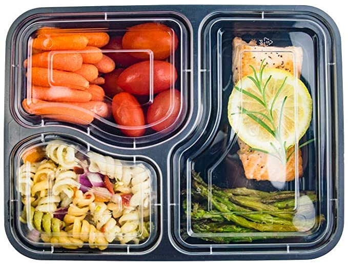 Meal Prep Containers 3 Compartment [25 Pack] Food Storage Bento Box | BPA Free | Stackable | Reusable Lunch Boxes, Microwave/Dishwasher/Freezer Safe,Portion Control (36 oz)
