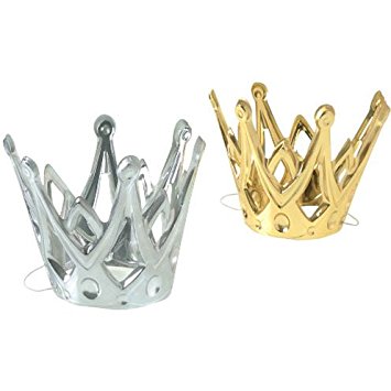 Dozen Miniature Gold and Silver Party Crowns with Elastic Chin Strap