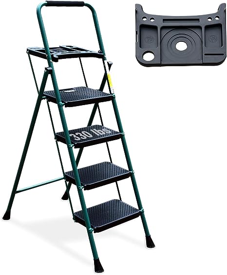 HBTower 4 Step Ladder with Tool Platform, 330lbs Capacity Folding Step Stool, Wide Anti-Slip Pedal, Sturdy Steel Ladder, Convenient Handgrip, Lightweight Portable Steel, Green