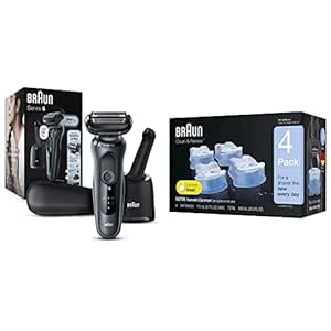 Braun for Sensitive Skin Electric Razor for Men, Waterproof, Rechargeable, Clean & Charge Station with Travel Case, Black with Clean & Renew Refill Cartridges, 6 Count, Pack of 1