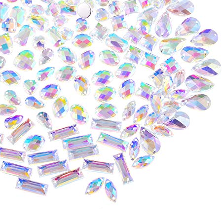 Hicarer 100 Pieces Clear AB Gems Flatback Sew On Gems Faceted Acrylic Imitation Crystal Rhinestones for Decoration Clothing DIY