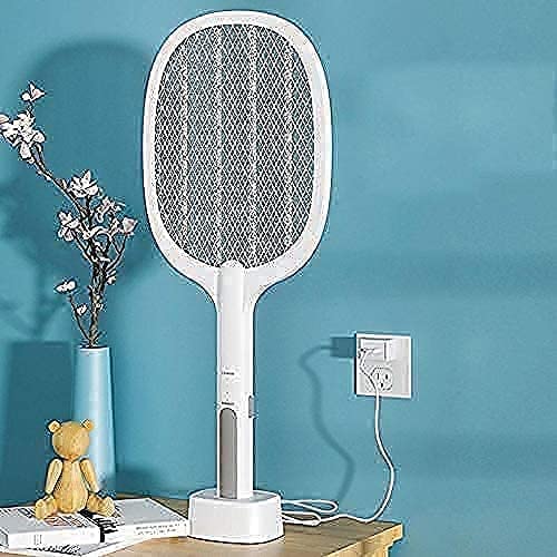 KWT Mosquito Killer Racket Rechargeable Handheld Electric Fly Swatter Mosquito Killer Racket Bat with UV Light Lamp Racket USB Charging Base, Electric Insect Killer (White)