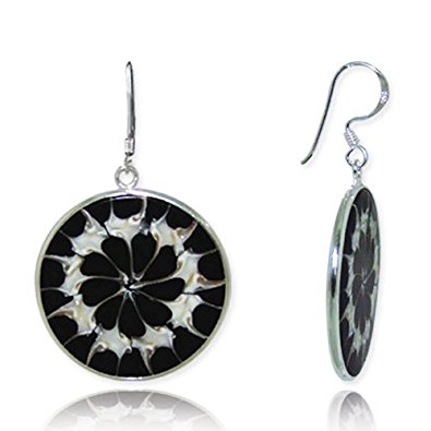 925 Sterling Silver Natural Top Shell Inlaid Black Resin Round Dangle Hook Earrings