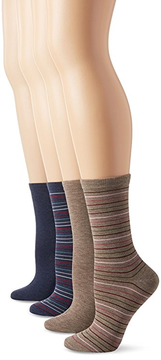 PEDS Women's Light Brown and Denim Heather Solids and Stripes Crew Socks 4 Pairs