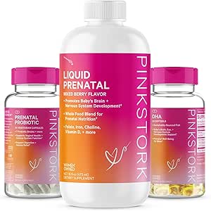 Pink Stork Liquid Prenatal Vitamin Bundle: Liquid Prenatal Vitamin with DHA and Folic Acid   Pro   DHA, Prenatal Probiotics for Women, Women-Owned