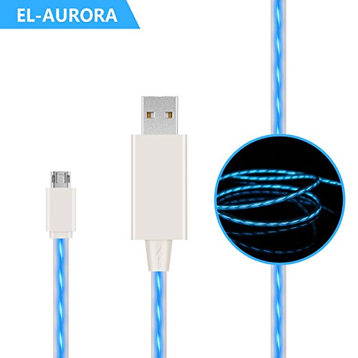 EL-AURORA Micro USB Cable，3 Ft Visible Flowing EL LED Light Charging Cable & Sync Data for Samsung, HTC, Android Smartphones and More (white)
