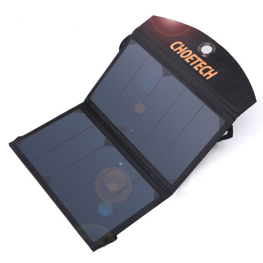 Portable Solar Charger, CHOE 12W 2-Port Dual USB Solar Cell Charger with Auto Detect Tech (Foldable, Waterproof, Outdoor)