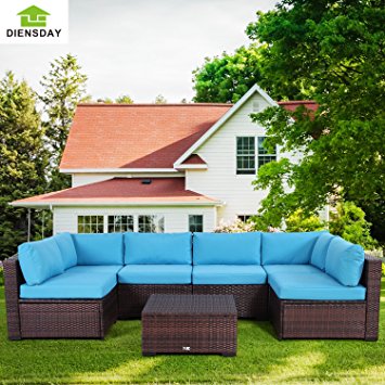 Diensday 7 Piece All-Weather Cushioned Outdoor Patio PE Rattan Wicker Sofa Sectional Furniture Set Clearance Lawn Backyard Furniture,Blue Cushion,Mixed Brown Wicker
