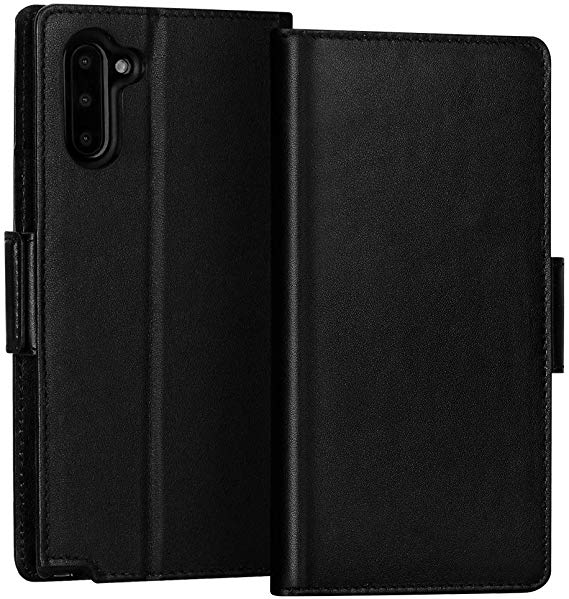 FYY Samsung Galaxy Note 10 Case, Luxury [Cowhide Genuine Leather][RFID Blocking] Handmade Wallet Case with Kickstand and Card Slots for Galaxy Note 10 Black