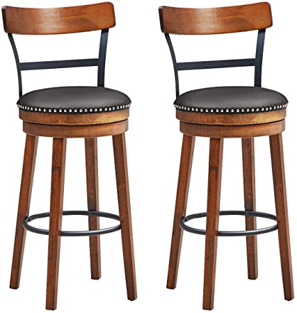 COSTWAY Bar Stools Set of 2, 360-Degree Swivel Stools with Leather Padded Seat, Single Slat Ladder Back & Solid Rubber Wood Legs, Counter Height Stools for Pub, Restaurant, Kitchen, Brown (2, 30.5)