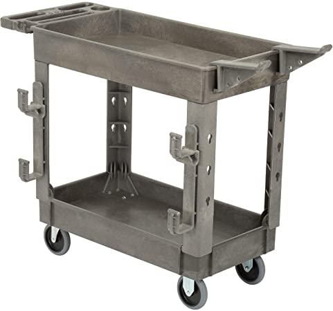 Plastic 2 Shelf Service Cart with Ladder Holder and Utility Hooks, 38"L x 17-1/2"W x 32-1/2"H