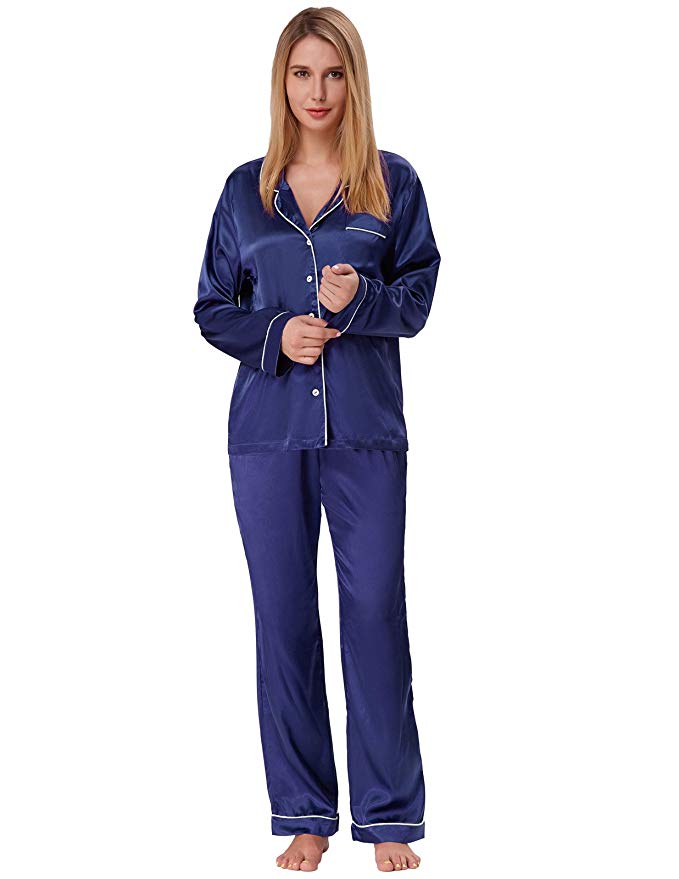 Zexxxy Women's Satin Pajama Set Long Button Down Sleepwear with Pants ZE0052