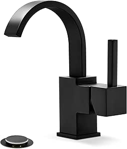 Phiestina Matte Black Bathroom Faucet 1 Hole, Waterfall 4 Inch Single Hole or 3 Hole Vanity Faucet, Swivel 360 Degree with Deck Plate, Pop Up Drain and Water Supply Line, SGF05-MB-5