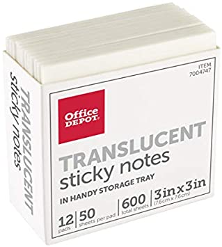 Office Depot Brand Translucent Sticky Notes, with Storage Tray, 3" x 3", Clear, 50 Notes Per Pad, Pack of 12 Pads