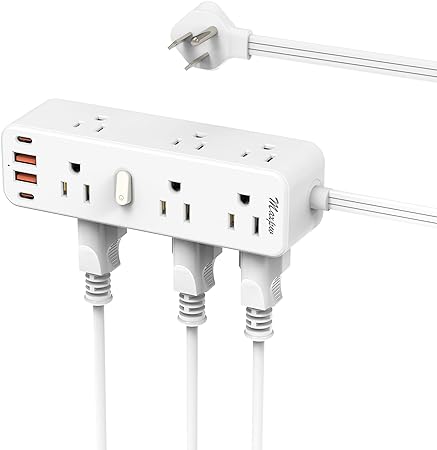 Maxpw Surge Protector Power Strip with 9 Outlets Extender and 4 USB Ports (2 USB-C), 2100 Joules, Wall Mount 6Ft Ultra Flat Plug Extension Cord with Power Switch for Home, Office, Travel, White