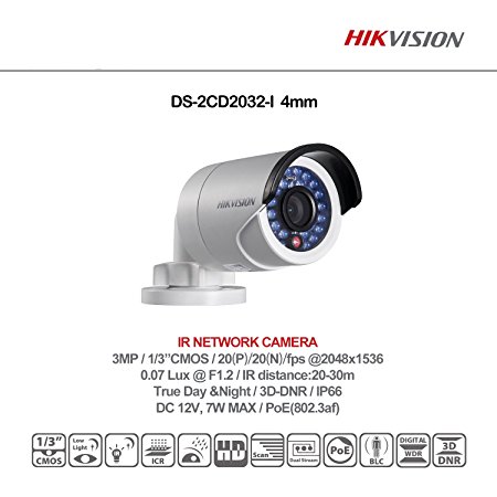 Hikvision DS-2CD2032F-I 4mm 1/3" CMOS 3MP IR Fixed Focal Lens Bullet HD weather proof Security IP Network Camera with Built in Micro SD slot U.S. Version