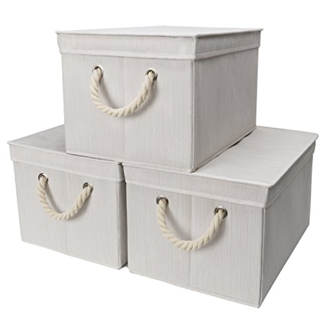 StorageWorks Polyester Storage Bin with Strong Cotton Rope Handle and Lid, White, Bamboo Style, Jumbo, 3-Pack