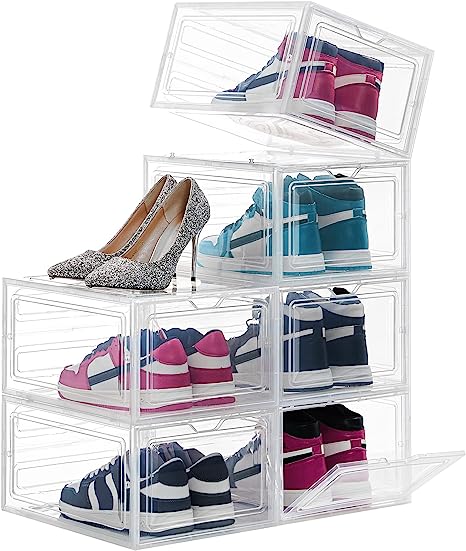 Lifewit 6 Pack Shoe Storage Box Clear Stackable Hard Sturdy Plastic Shoe Organizer Bin Foldable Sneaker Display Containers Holders for Closet Entryway, Fit Up to US Size 13